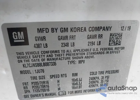 2020 Chevrolet Trax Awd Ls from USA, damaged, VIN KL7CJNSB8LB087335